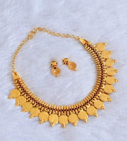Gold tone pink stone lakshmi coin necklace set dj-53049