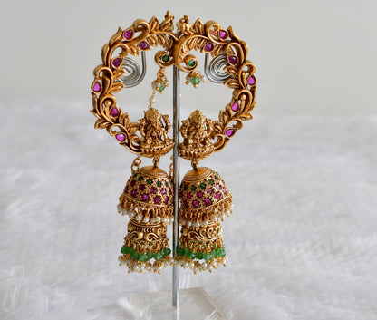 Antique gold tone kemp-green-pearl peacock khanpool step jhumkka dj-51875
