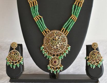 Antique gold tone pink-green beaded peacock haar set dj-52438