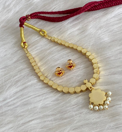 Gold tone AD red stone pearl attigai necklace set dj-55029