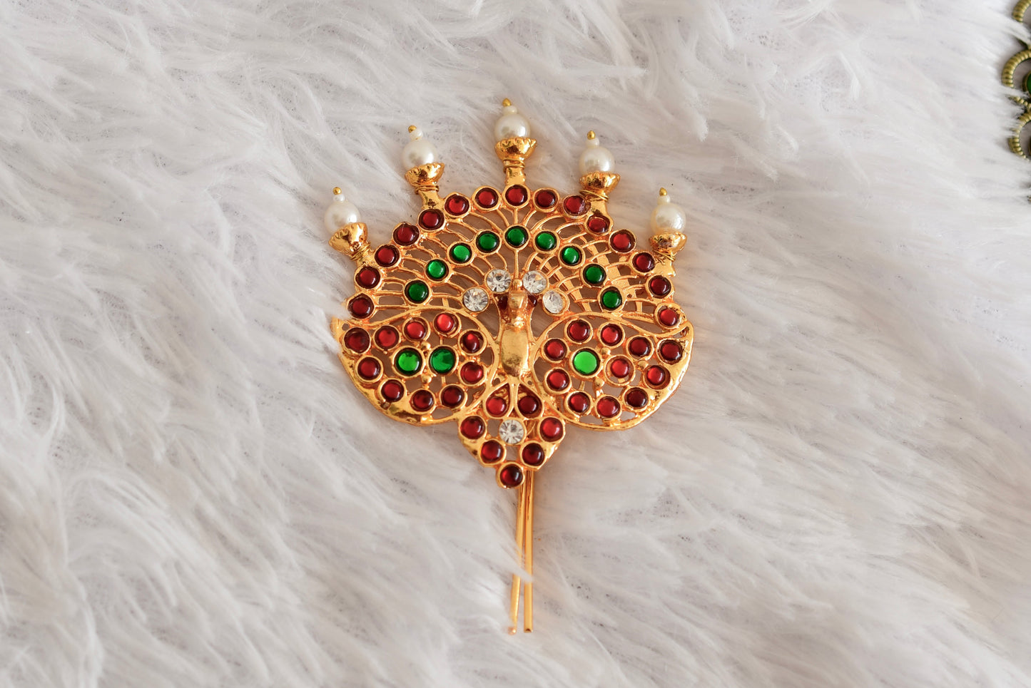 Gold tone kemp-green peacock hair jewel/pin dj-52350