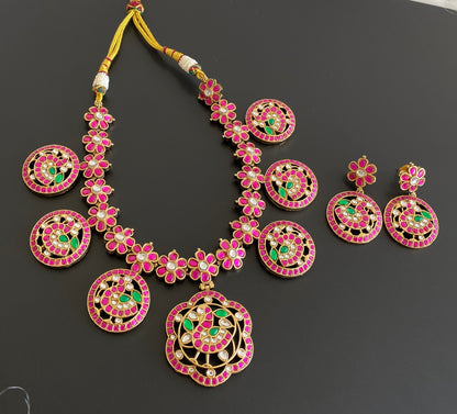 Antique gold tone swan flower kundan jadau necklace set dj-54163