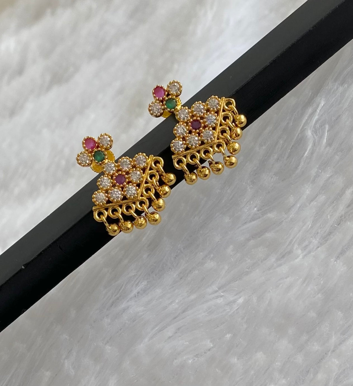 Gold tone pink-green-white stone pathakkam earrings dj-54902