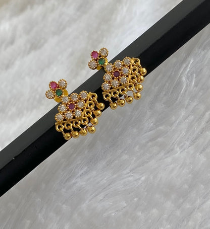 Gold tone pink-green-white stone pathakkam earrings dj-54902
