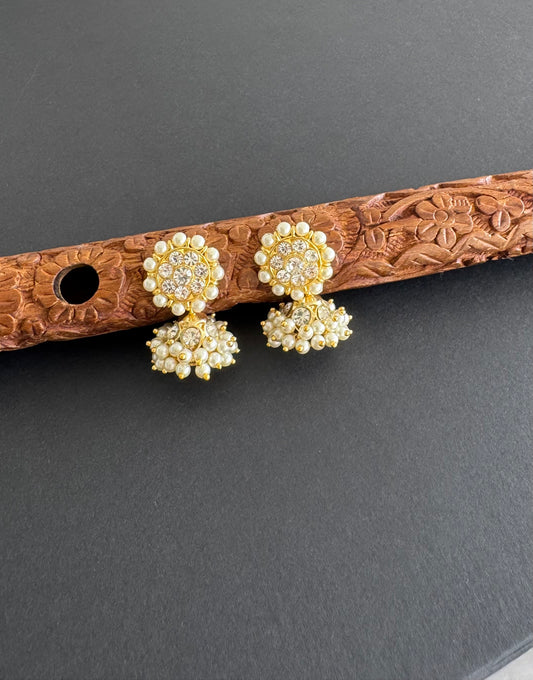 Gold tone AD white pearl small jhumkka dj-51450