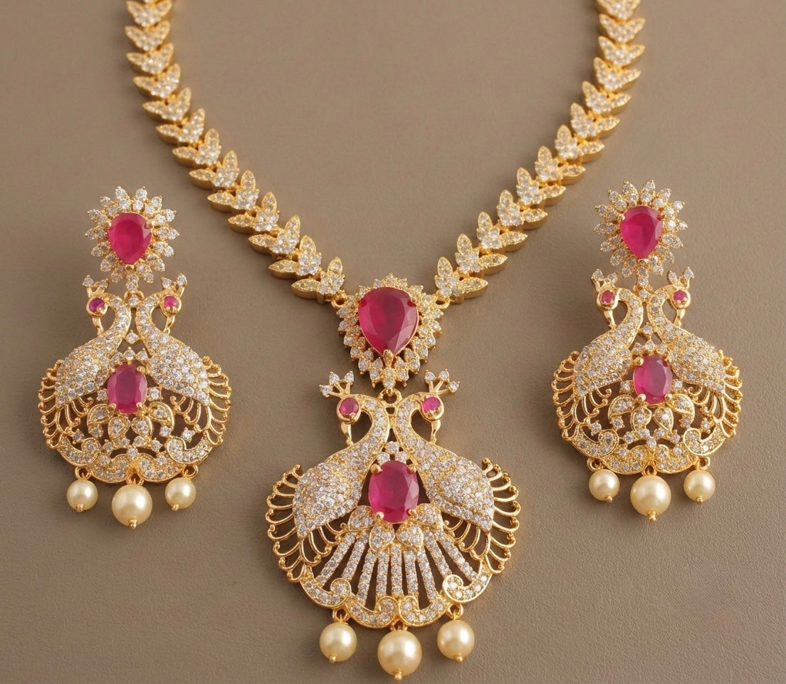 Gold tone cz-ruby peacock necklace set-dj07164