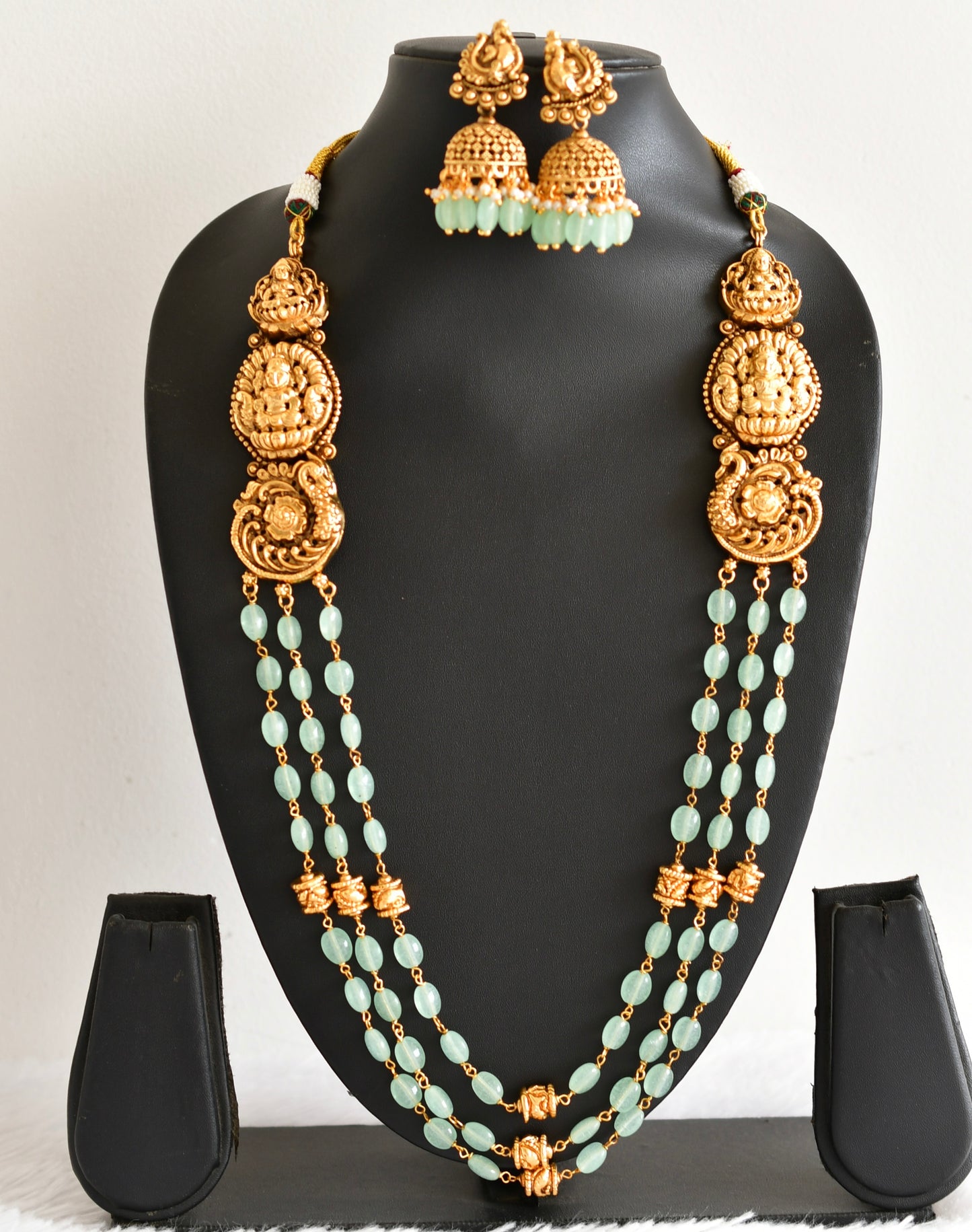 Antique gold tone sea green beaded lakshmi peacock multi layer haar set dj-52428