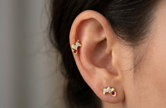 Gold tone pink-white stone small dolphin kid's or side earrings dj-49397