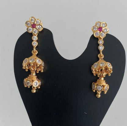 Gold tone ad pink-white stone south indian step jhumkka dj-54893