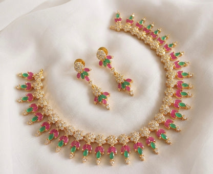 Gold tone Cz Ruby-emerald flower necklace Set-dj17091