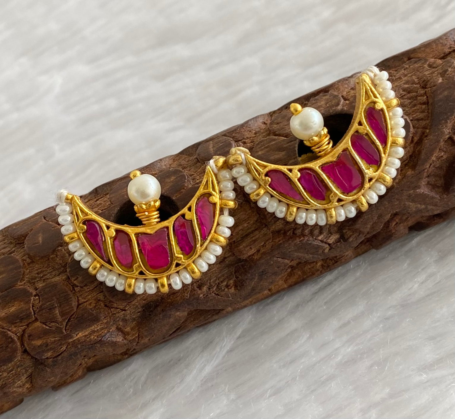Gold tone pink pearl kundan jadau moon earrings dj-53554