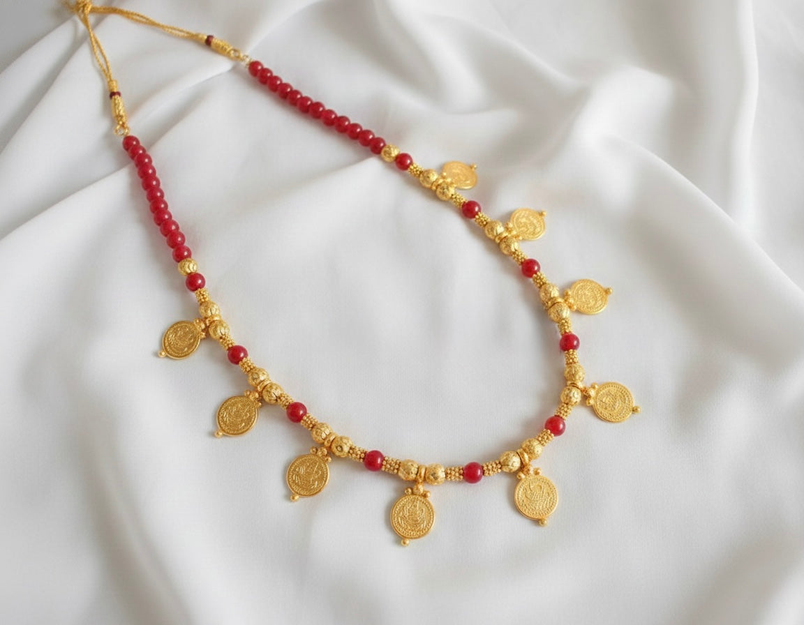 Gold tone Ruby Lakshmi Coin Necklace Set - DJ17136