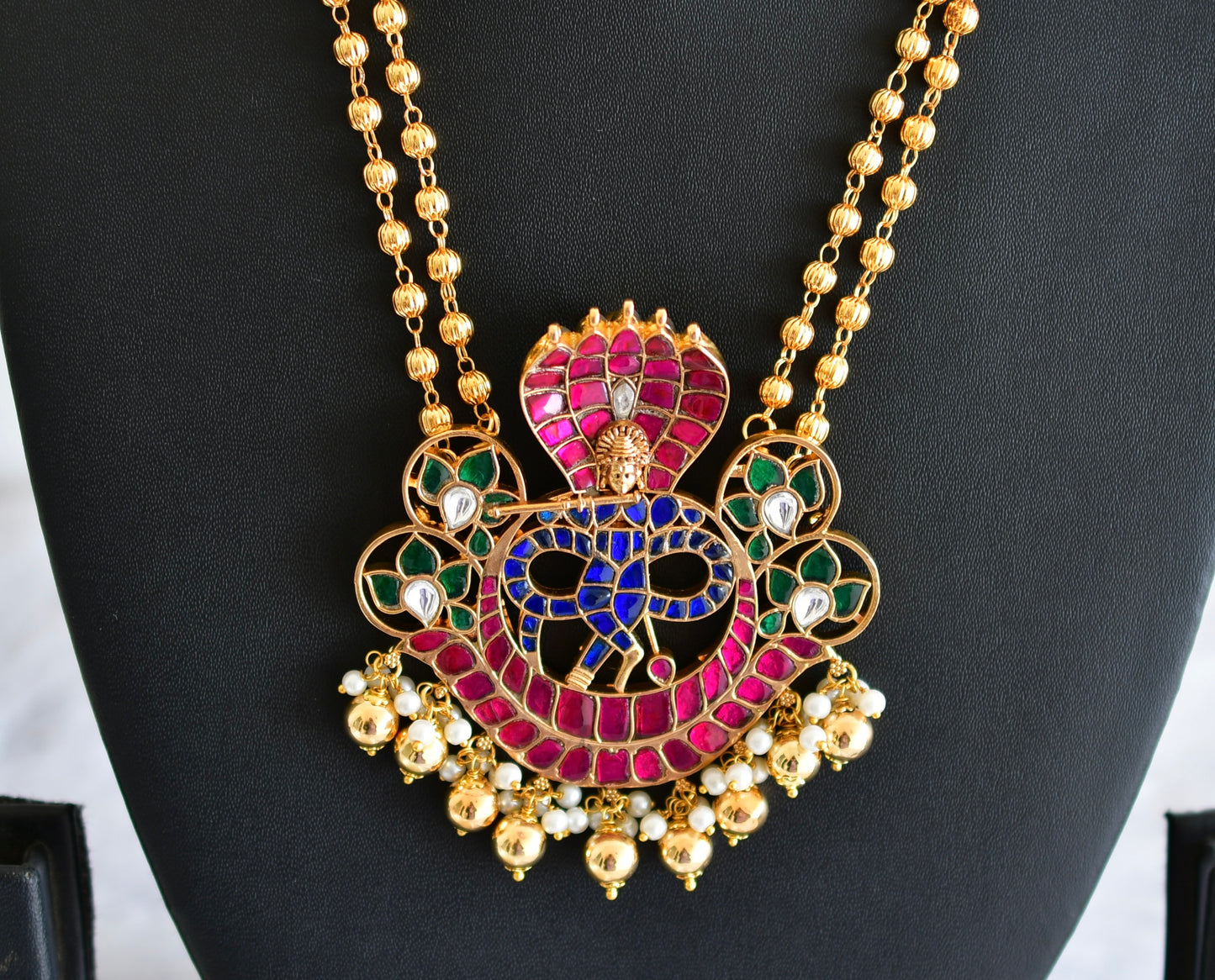 Gold tone pink-blue-green kundan jadau Shri Krishna necklace dj-52572