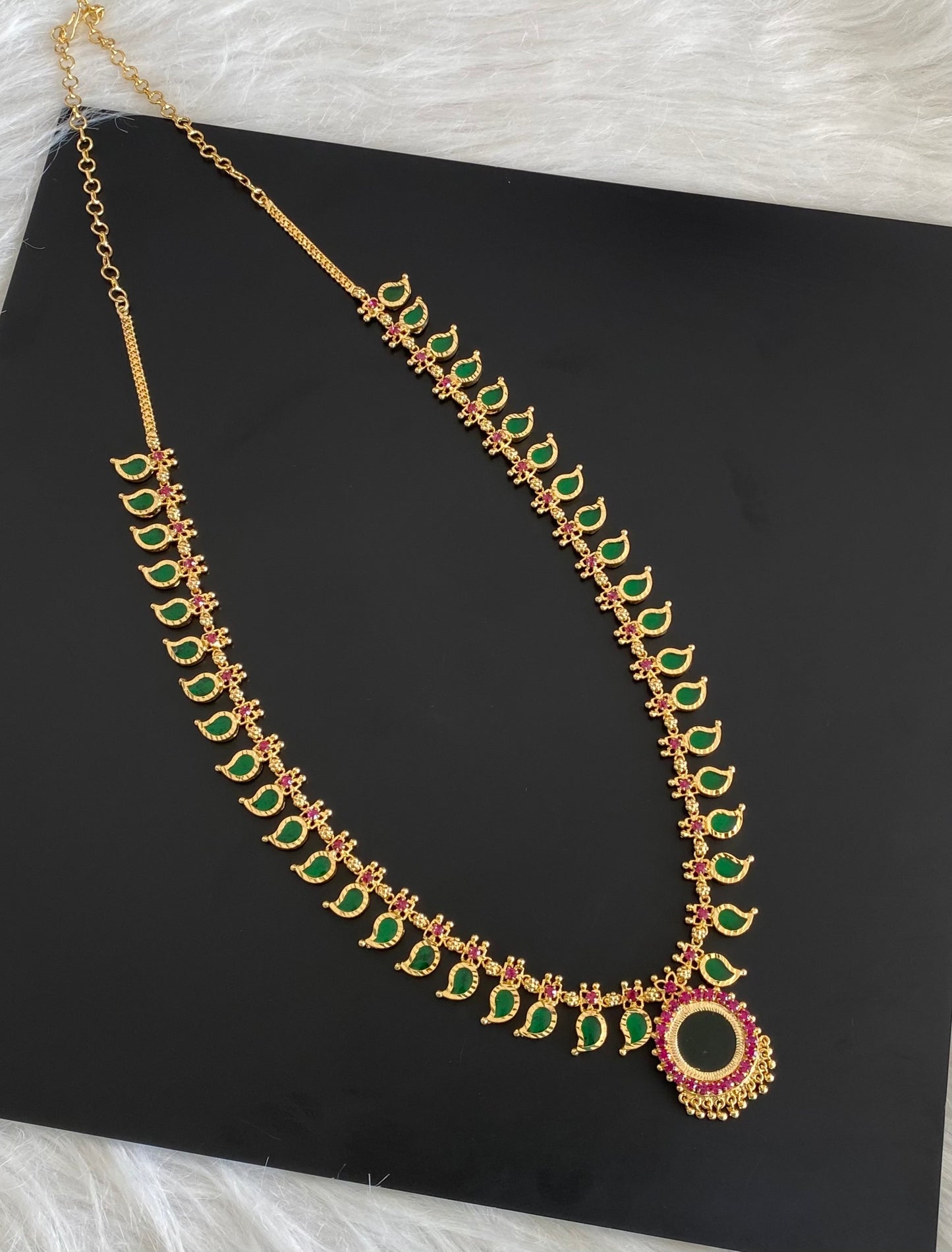 Gold tone pink-green kerala style mango haar dj-54534