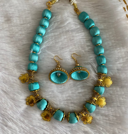 Antique gold tone sea-green silk thread flower necklace set dj-52928