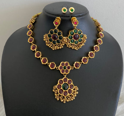 Antique gold tone kemp-green stone reversible necklace set dj-54773