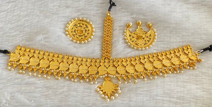 Gold tone kemp-green-white pearl beaded mango tikka dj-53644
