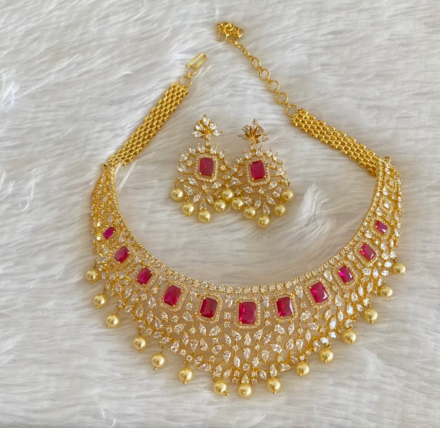 Gold tone AD white-pink pearl choker necklace set dj-53424