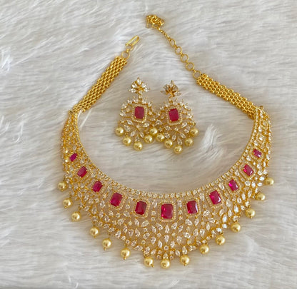 Gold tone AD white-pink pearl choker necklace set dj-53424