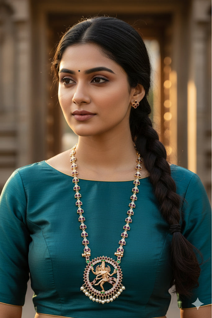 Gold tone precious kemp-green-white pearl Shri Natarajar haar dj-52264