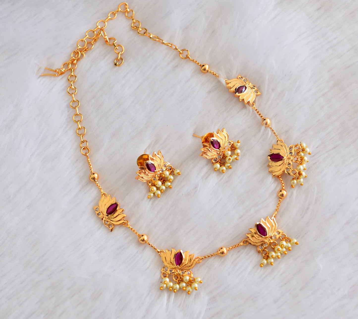 Gold tone white-pink lotus pearl necklace set dj-53335