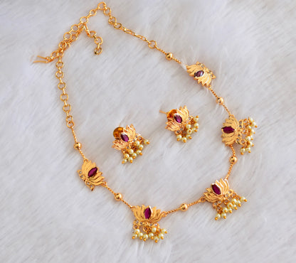 Gold tone white-pink lotus pearl necklace set dj-53335