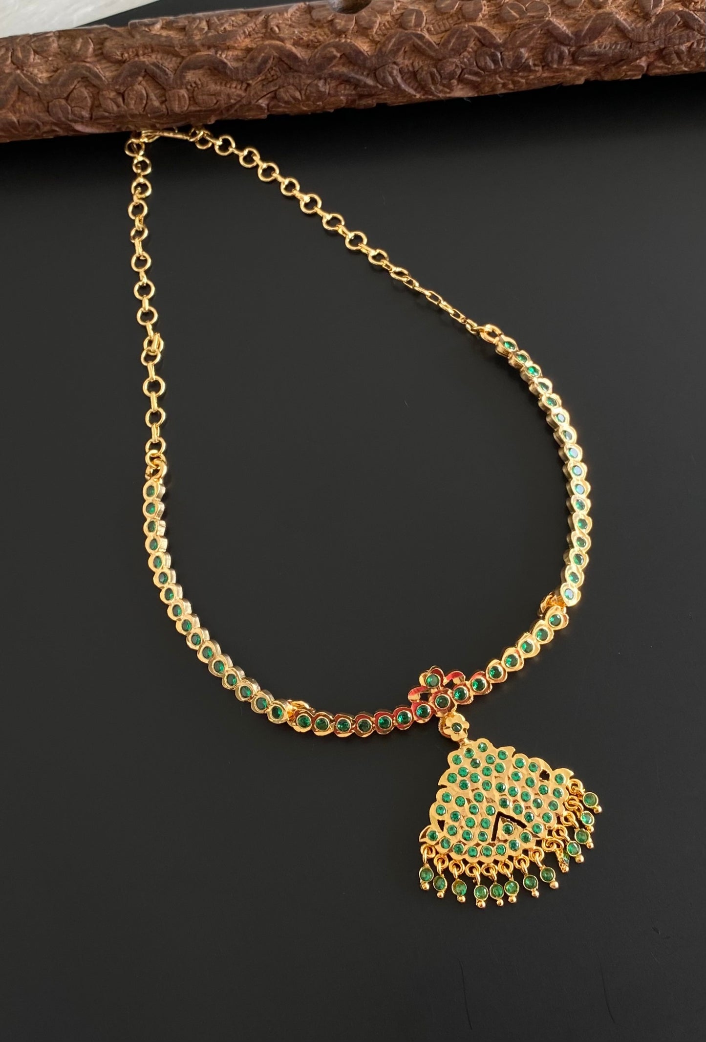Gold tone south indian AD green stone necklace dj-53901