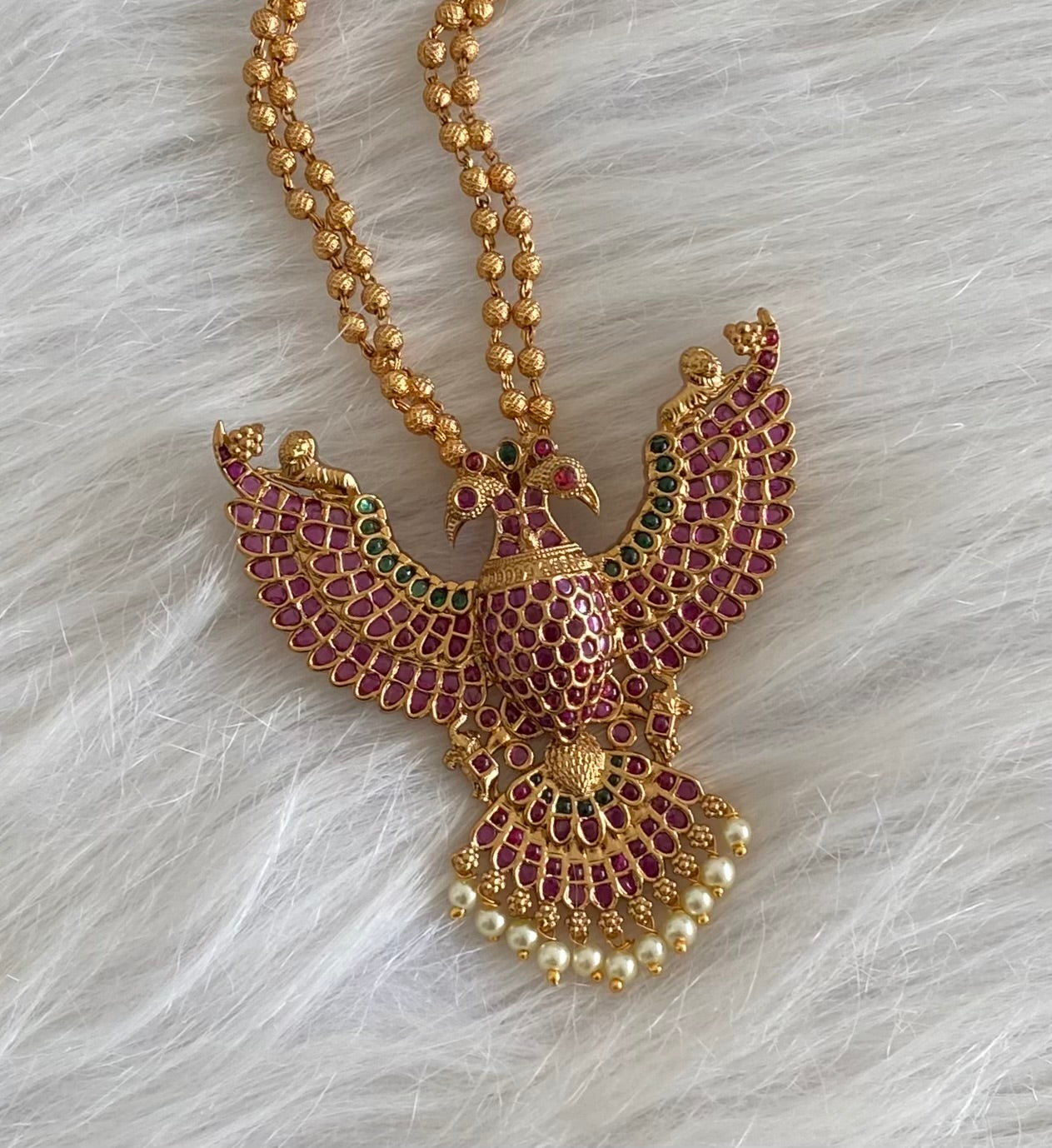 Gold tone pink-green pearl gandaberunda necklace dj-54312