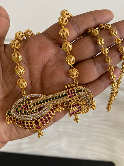 Matte finish kemp-green beaded veena chain dj-53850