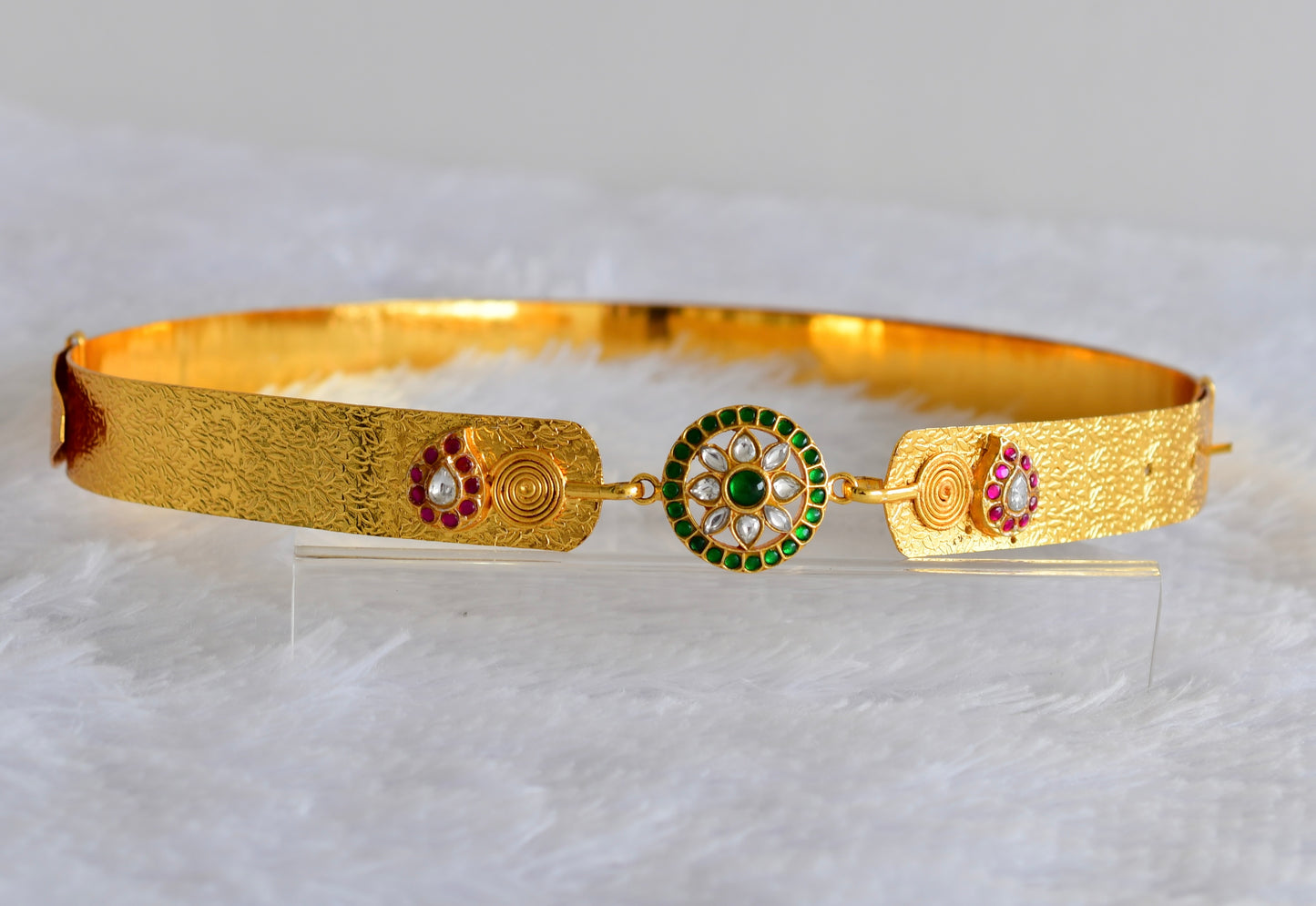 Gold tone pink-green-white kundan jadau round mango waist band dj-52179