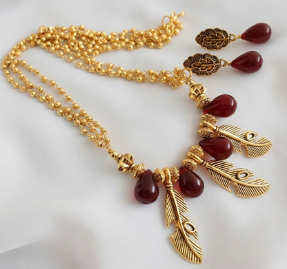 Antique maroon beaded feather necklace set dj-17193