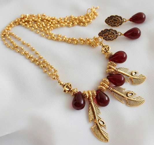 Antique maroon beaded feather necklace set dj-17193