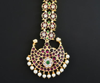 Gold tone precious kemp pearl mango moon tikka dj-20187