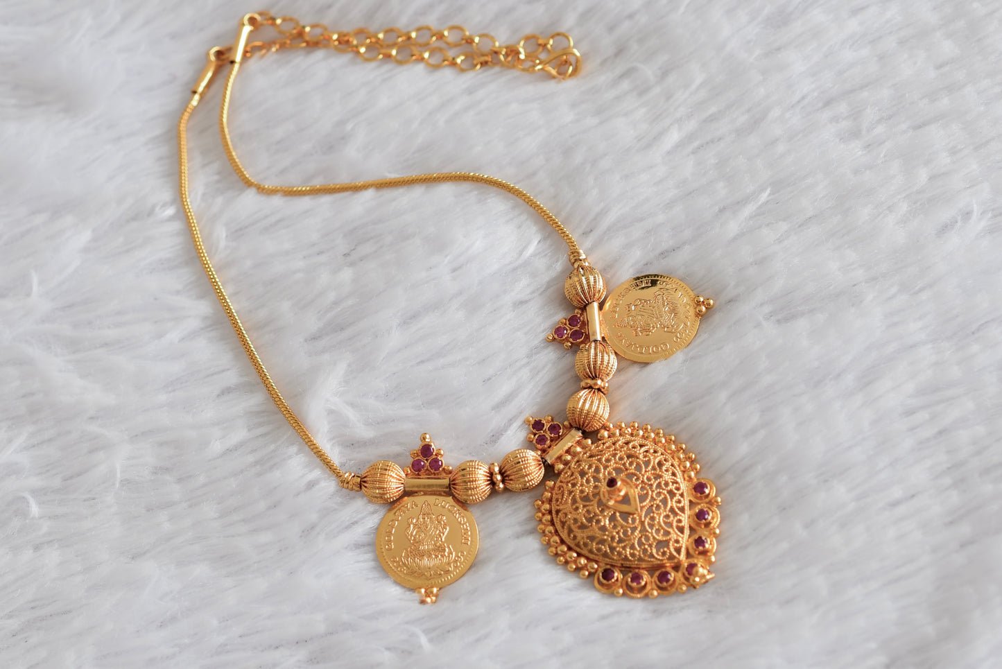 Gold tone AD pink lakshmi coin necklace dj-51845