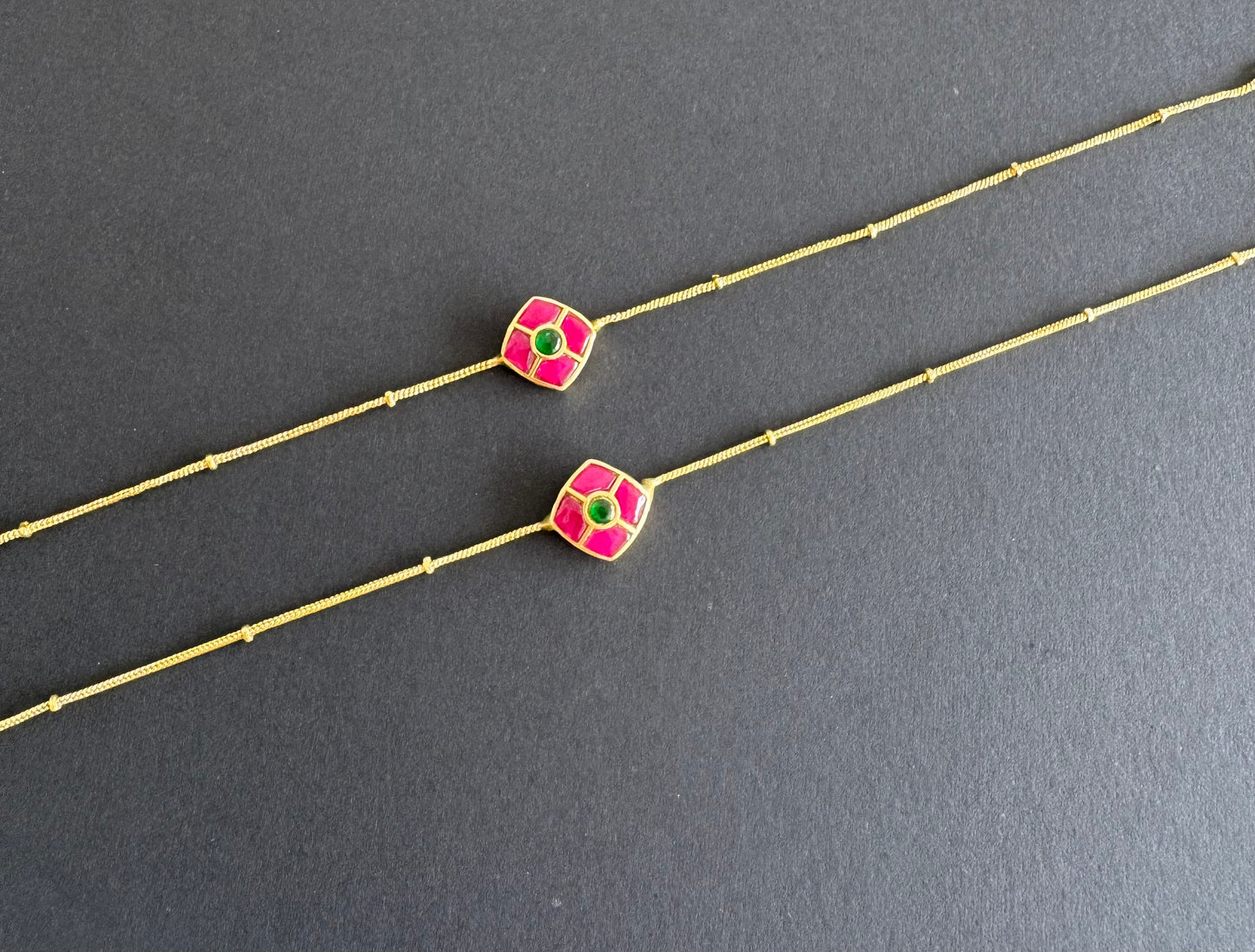 Gold tone pink-green flower kundan jadau anklets dj-51414