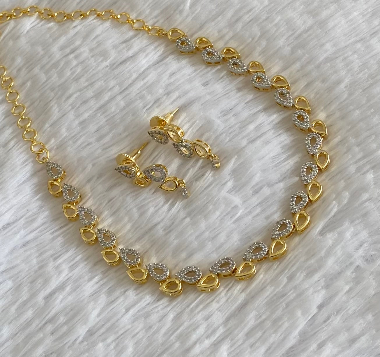 Two tone cz white stone necklace set dj-54346