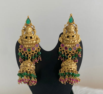 Antique gold tone ruby-green beaded lakshmi jhumkka dj-54788