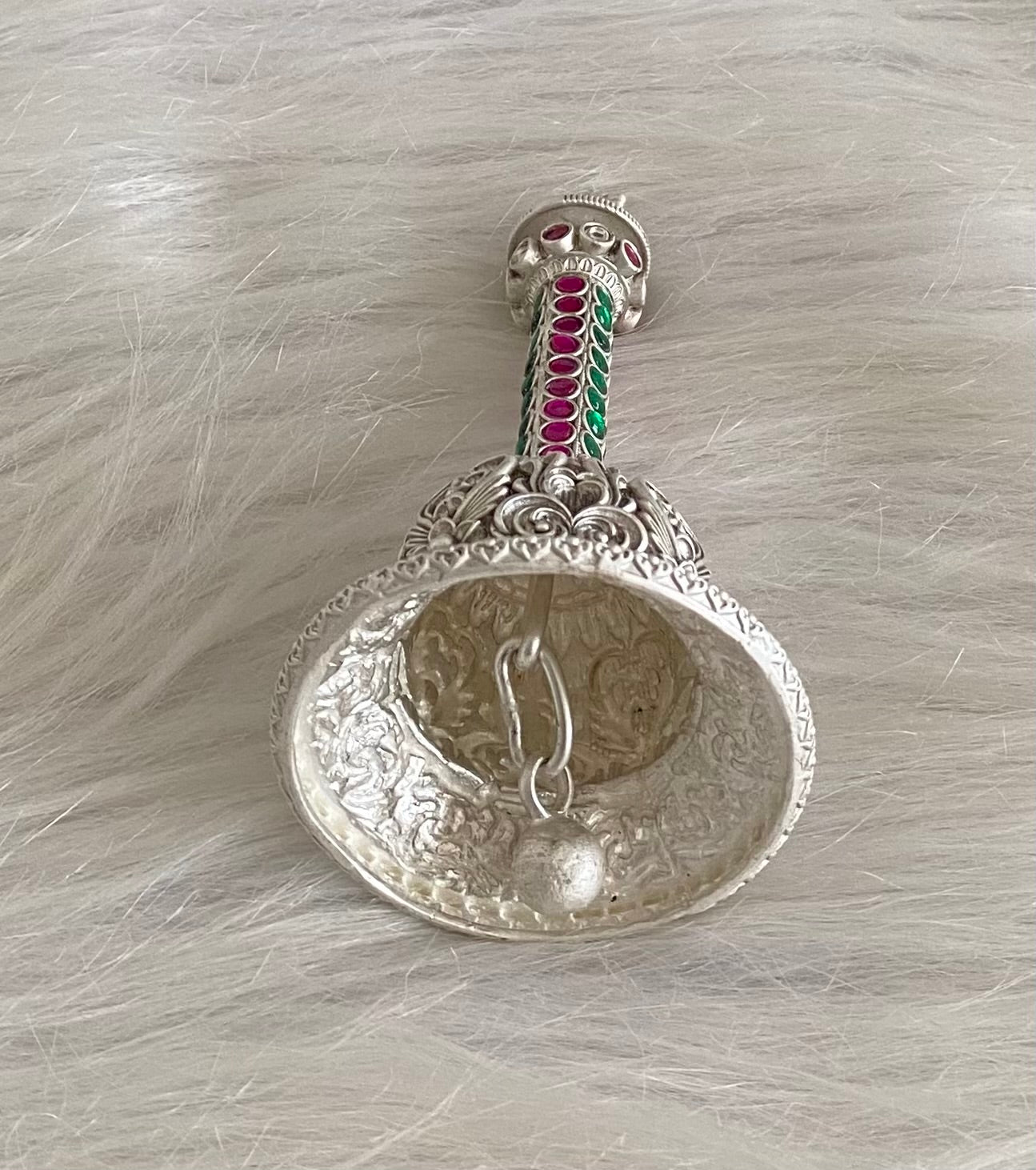 Silver tone pink-green stone ganesha bell dj-54233