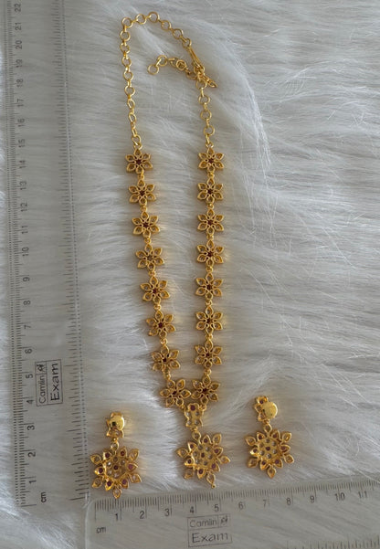 Gold tone ad ruby-white stone flower necklace set dj-51196