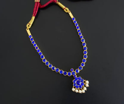 Gold tone AD blue stone attigai necklace dj-54602