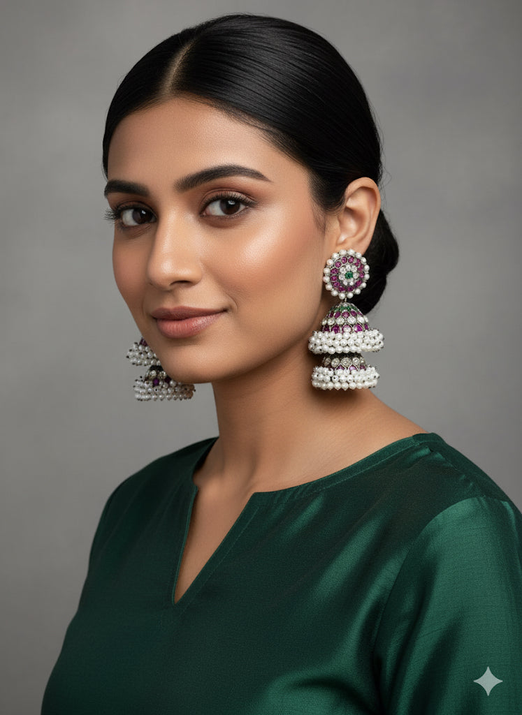 Black finish precious kemp-green pearl big step jhumkka dj-52298