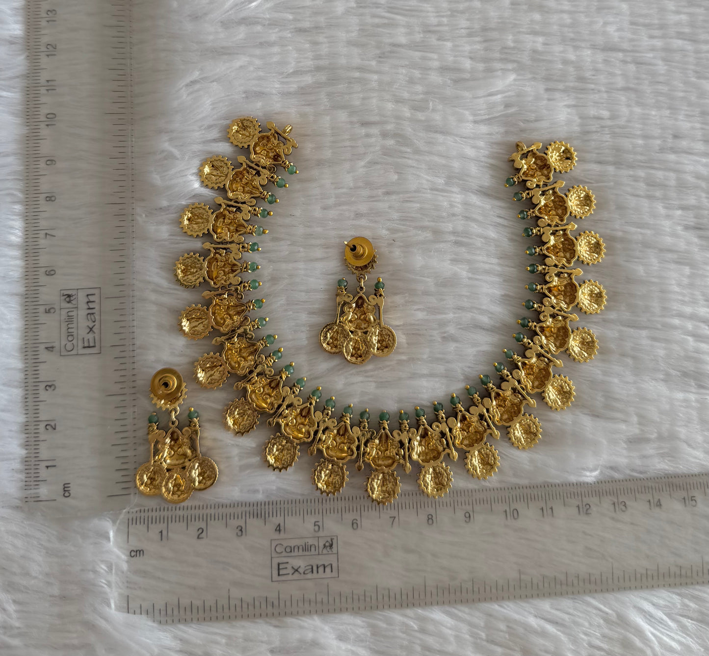 Antique gold tone lakshmi green beaded necklace set dj-52076