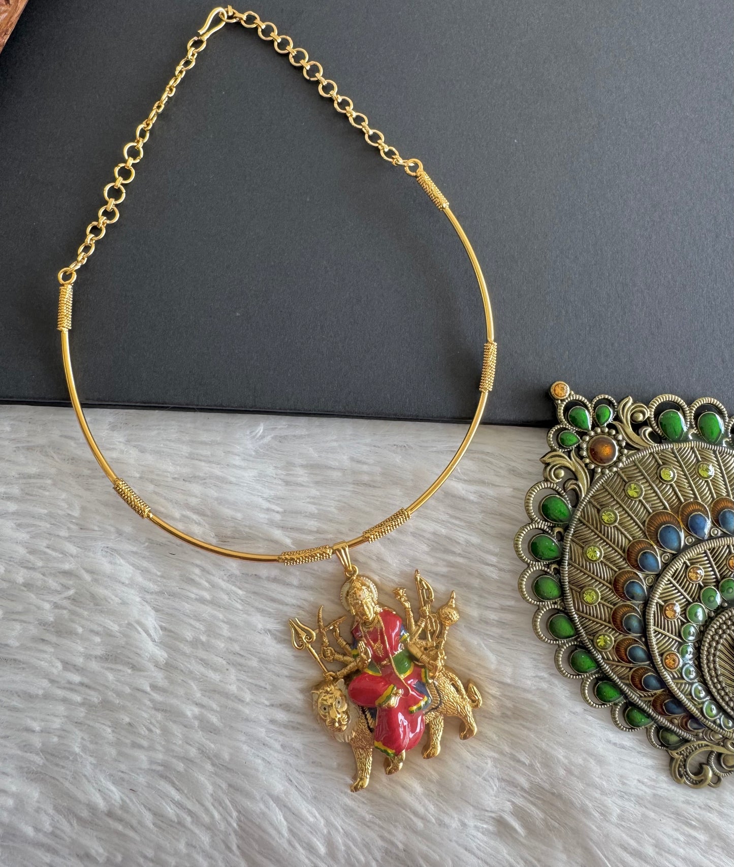 Matte finish Red meenakari Ma Durga pendant hasli necklace dj-52074