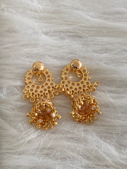 Gold tone south indian style AD white stone round jhumkka dj-54936