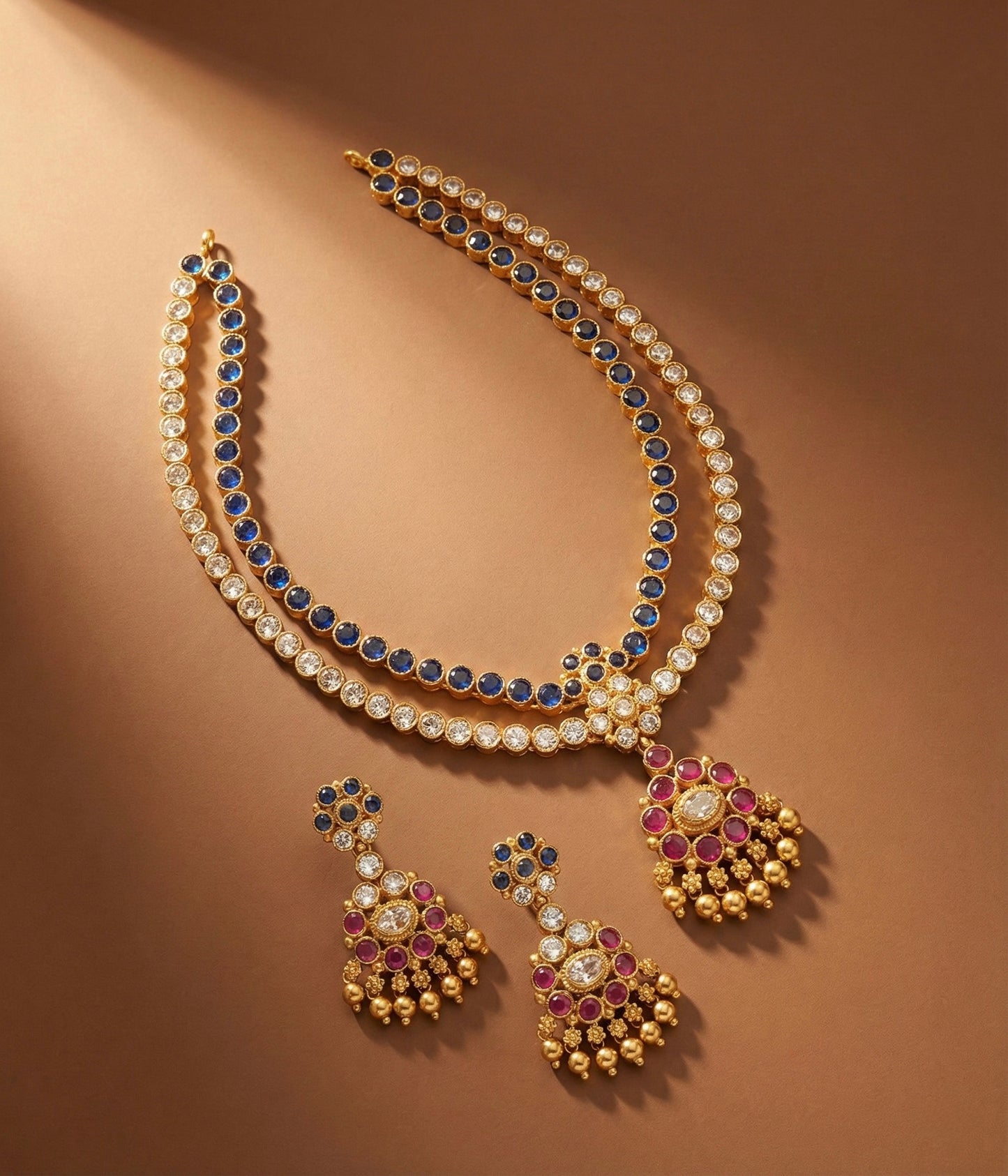 Matte finish blue-white-pink double layer attigai/necklace set dj-52722