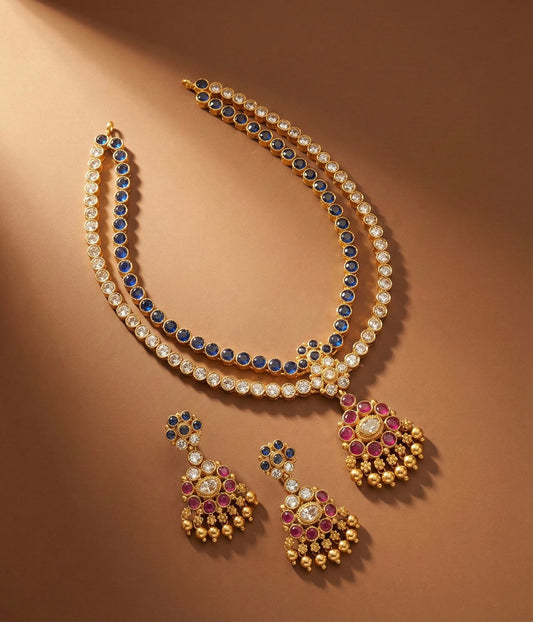 Matte finish blue-white-pink double layer attigai/necklace set dj-52722