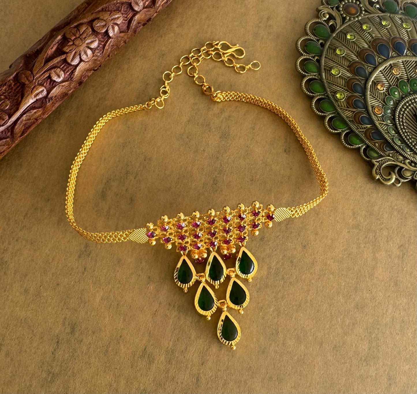 Gold tone Kerala style pink-green gopi choker necklace dj-43062