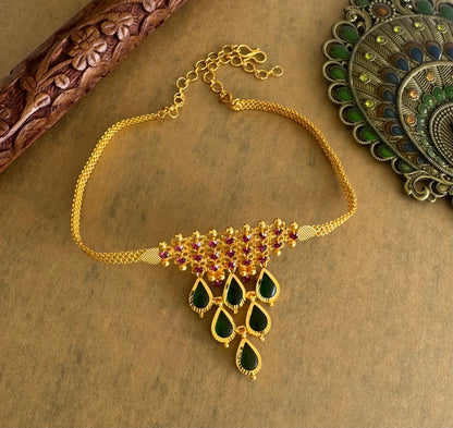 Gold tone Kerala style pink-green gopi choker necklace dj-43062