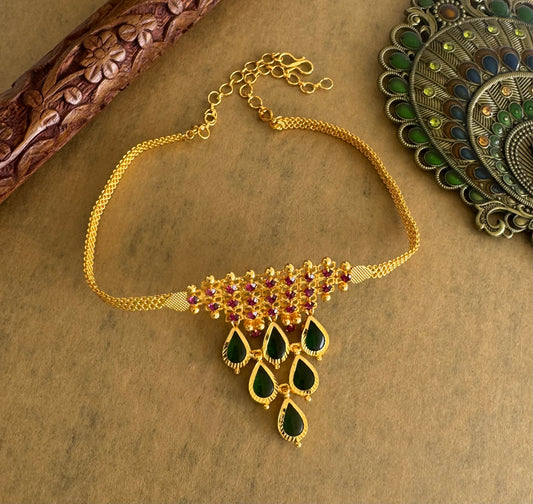 Gold tone Kerala style pink-green gopi choker necklace dj-43062