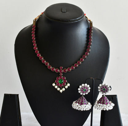 Black finish precious kemp-green pearl flower necklace set dj-53354